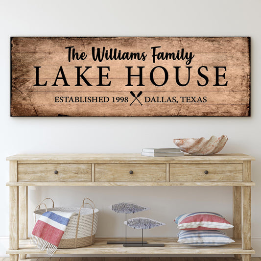 Family Lake House Sign VI canvas wall art with rustic wood plank background Tailored Canvases on Tampa Home & Garden Store