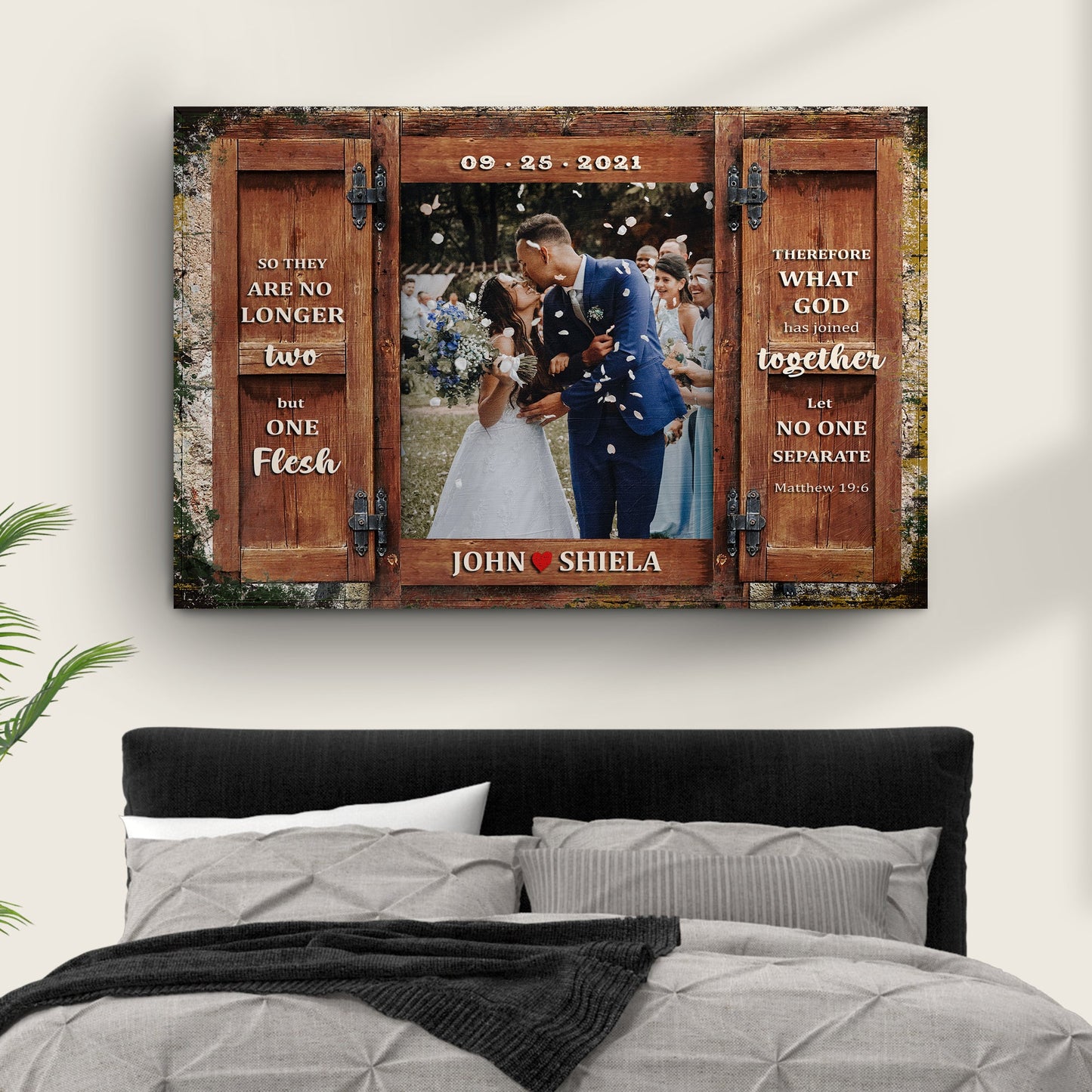 Tailored Canvases wedding canvas with couple kissing beside rustic wooden door and Matthew 19:6 on Tampa Home & Garden Store