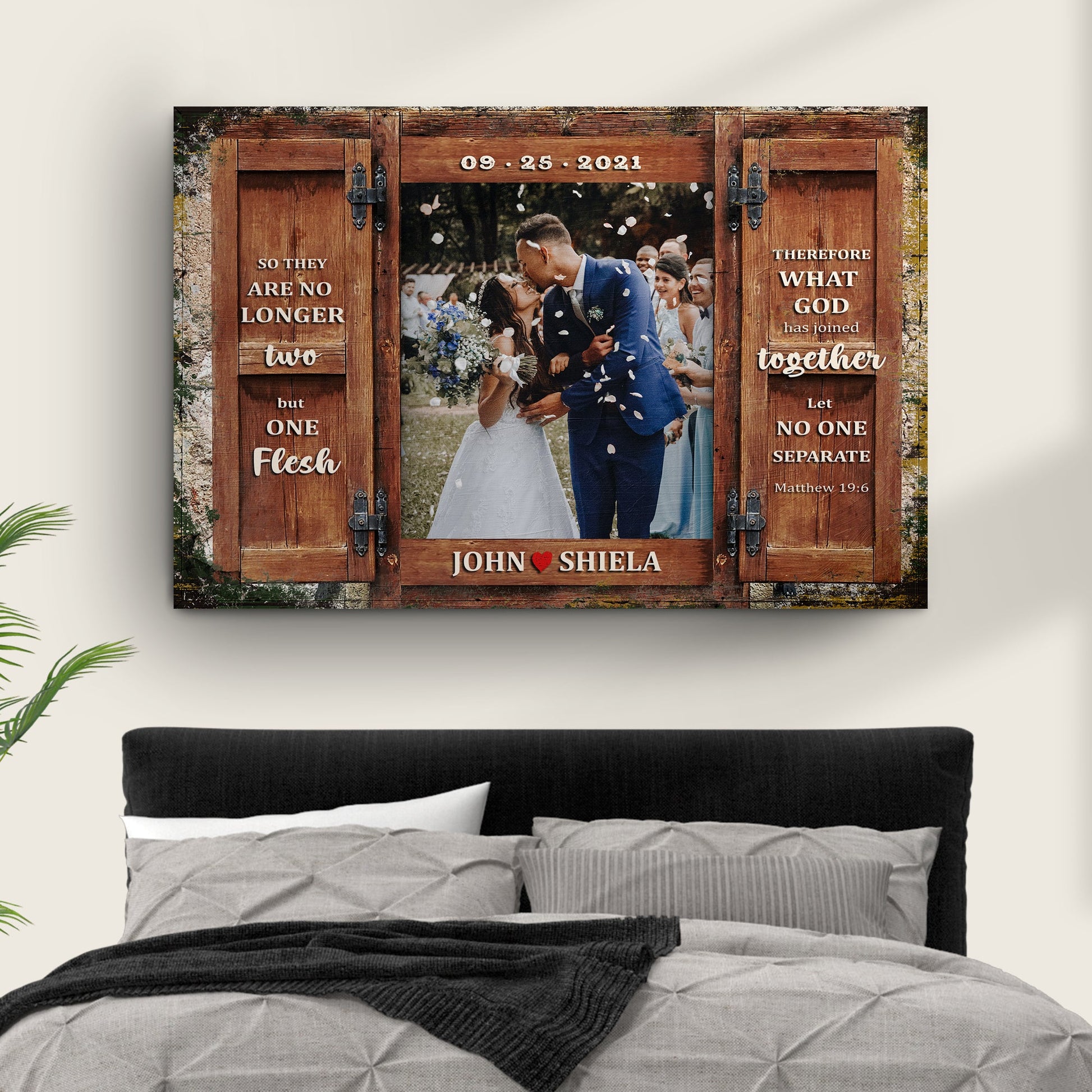 Tailored Canvases wedding canvas with couple kissing beside rustic wooden door and Matthew 19:6 on Tampa Home & Garden Store