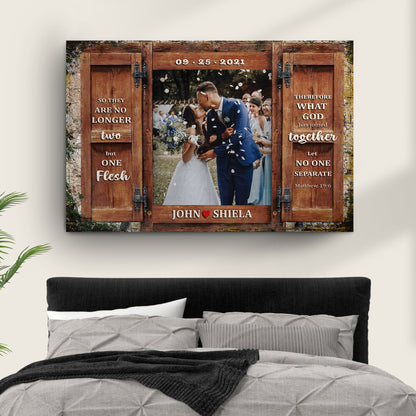 Tailored Canvases wedding canvas with couple kissing beside rustic wooden door and Matthew 19:6 on Tampa Home & Garden Store