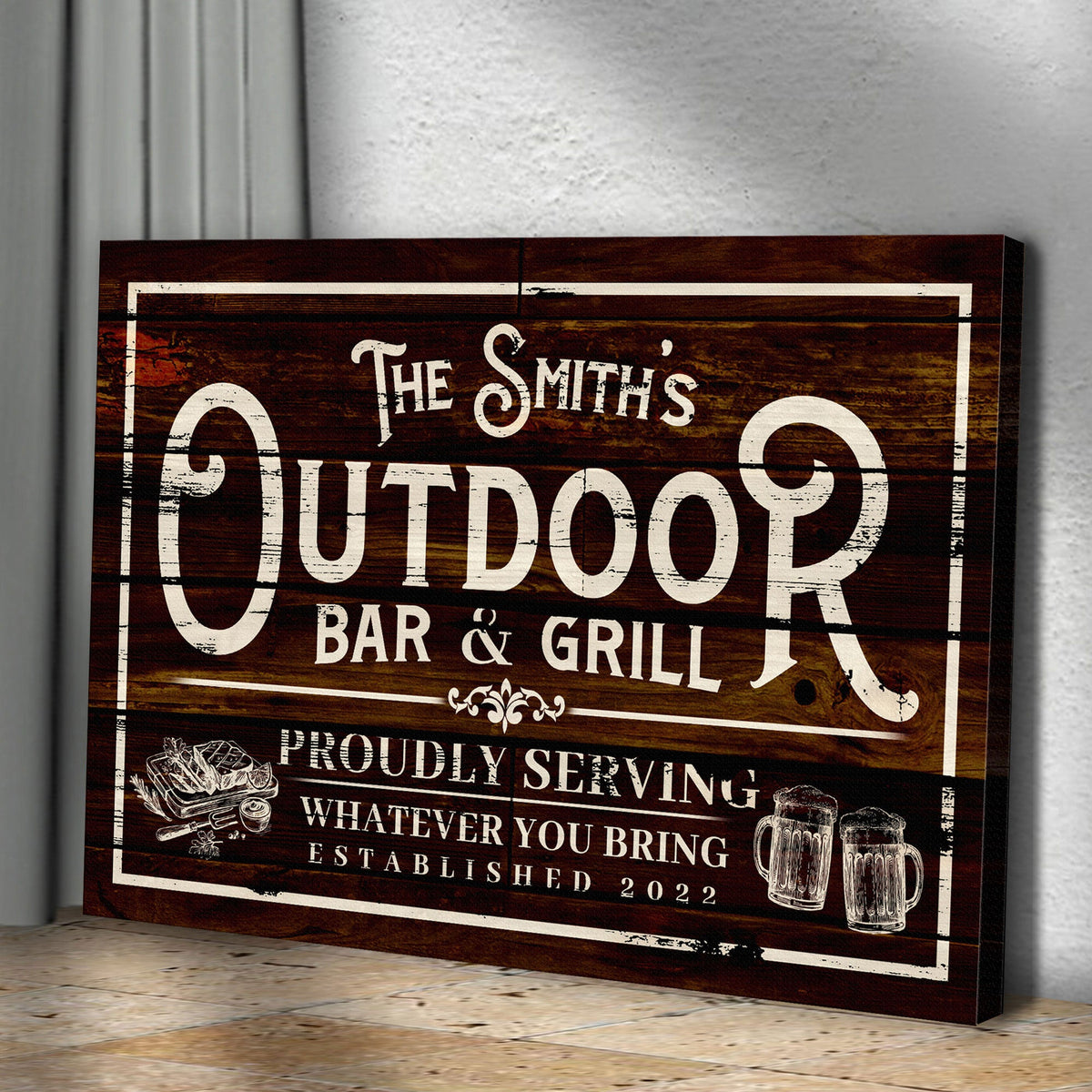 Family Outdoor Bar And Grill Sign canvas by Tailored Canvases wood with white lettering on Tampa Home & Garden Store