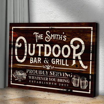 Family Outdoor Bar And Grill Sign canvas by Tailored Canvases wood with white lettering on Tampa Home & Garden Store