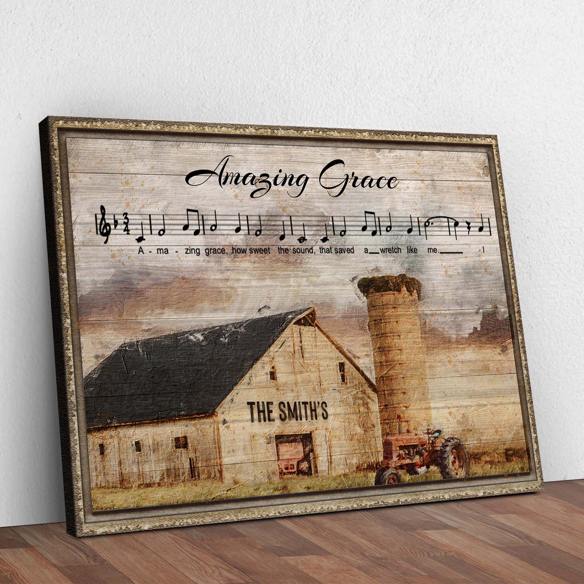 Amazing Grace Family Sign II canvas by Tailored Canvases, rustic wood sign with sheet music on Tampa Home & Garden Store