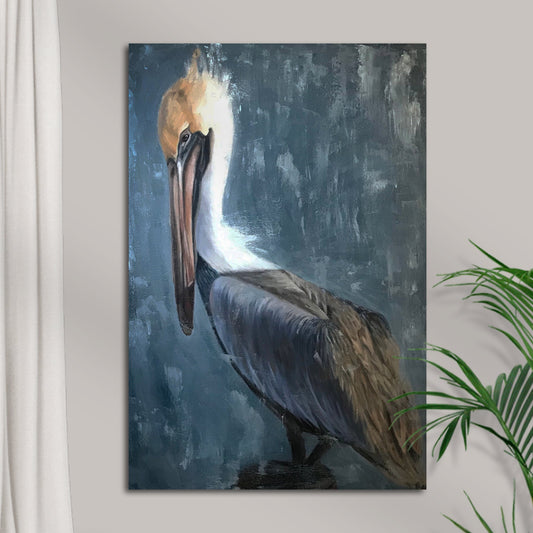 Pelican canvas wall art The Fish Catcher II by Tailored Canvases with dark blue background on Tampa Home & Garden Store
