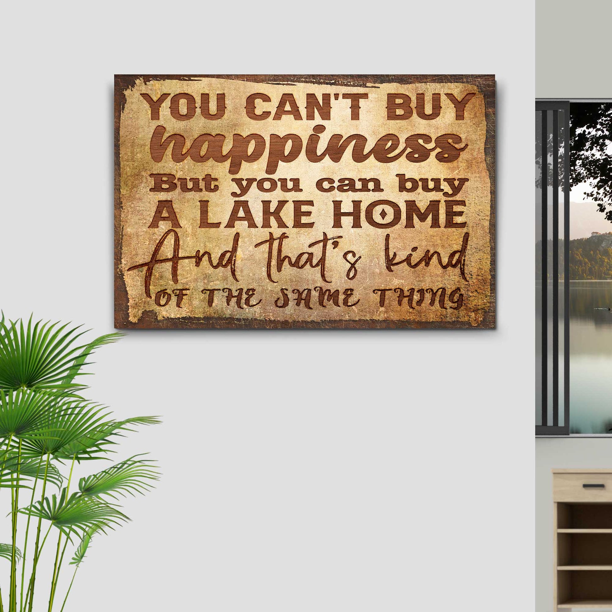 Lake Home Sign Canvas in rustic beige with vintage lettering Tailored Canvases on Tampa Home & Garden Store