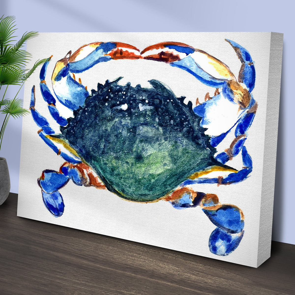 Crab Art Watercolor Canvas Wall Art with vivid blue crab and orange accents on Tampa Home & Garden Store