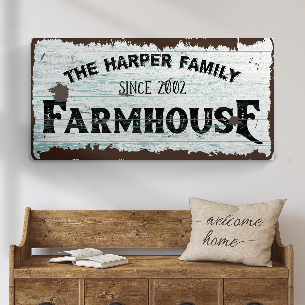 Family Farmhouse Sign IV canvas by Tailored Canvases on distressed blue wood with Harper on Tampa Home & Garden Store