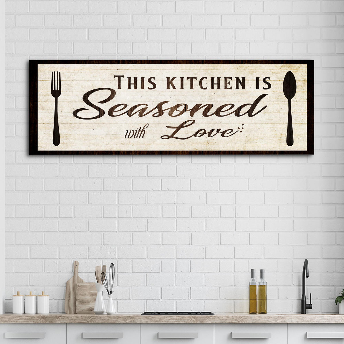 Kitchen Seasoned With Love canvas sign with beige distressed background and black frame on wall on Tampa Home & Garden Store