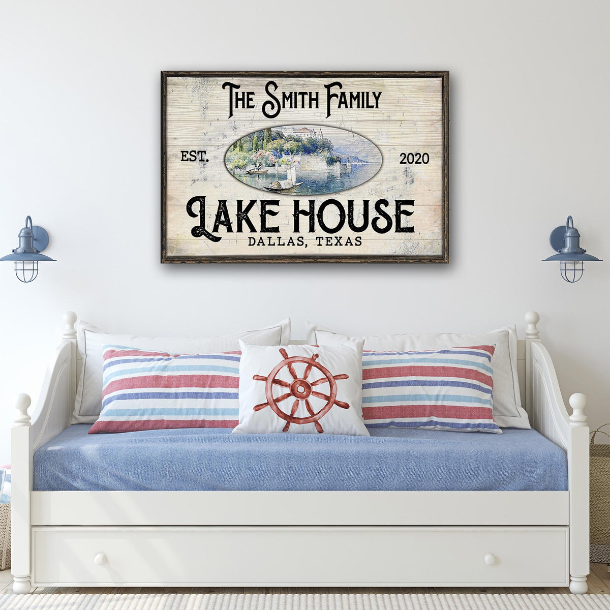 Family Lake House View Sign canvas by Tailored Canvases with rustic oval lake scene on Tampa Home & Garden Store