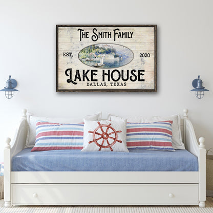 Family Lake House View Sign canvas by Tailored Canvases with rustic oval lake scene on Tampa Home & Garden Store