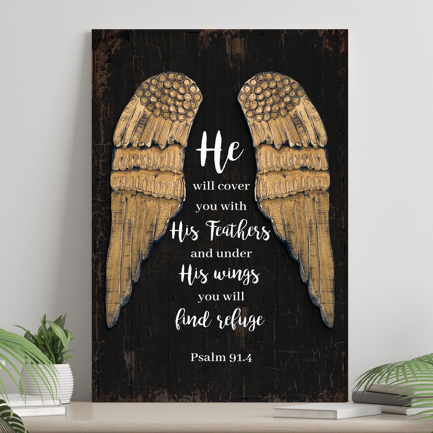 Canvas sign Psalm 91:4 He Will Cover You With His Feathers II on dark wood on Tampa Home & Garden Store