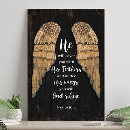 Canvas sign Psalm 91:4 He Will Cover You With His Feathers II on dark wood on Tampa Home & Garden Store