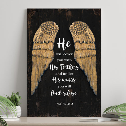 Canvas sign Psalm 91:4 He Will Cover You With His Feathers II on dark wood on Tampa Home & Garden Store