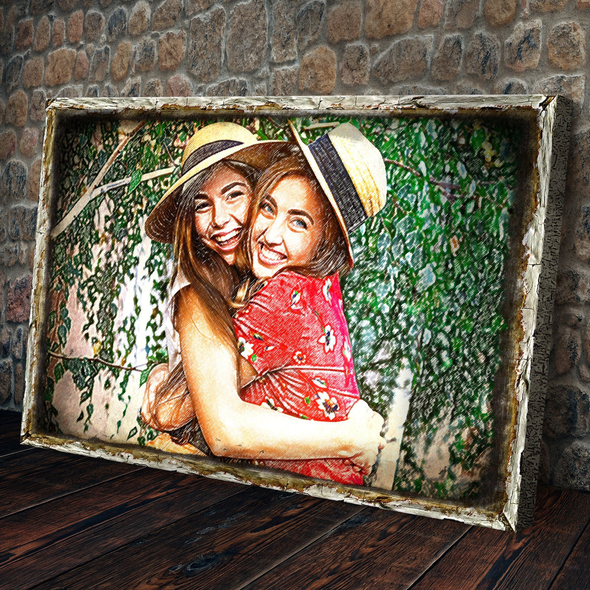 Portrait Minimalist Sign canvas Tailored Canvases rustic frame with women in hats on Tampa Home & Garden Store