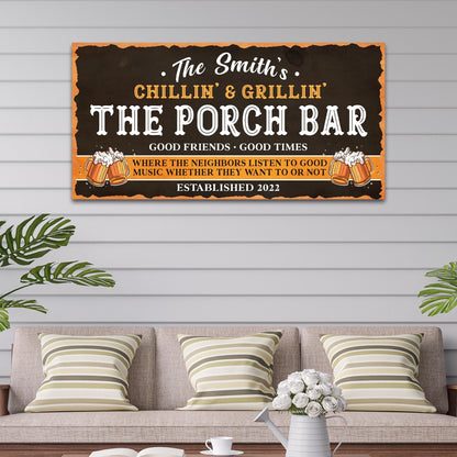 Family Porch Bar Sign canvas art with dark center orange border white type two beer mugs on Tampa Home & Garden Store