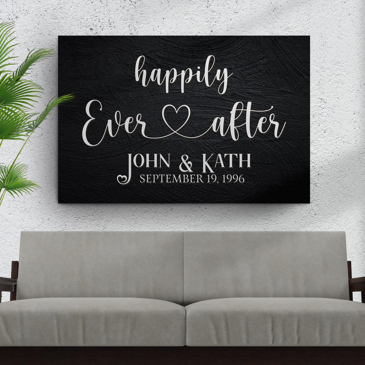 Happily Ever After canvas sign in black with white script John & Kath September 1996 Garden on Tampa Home & Garden Store