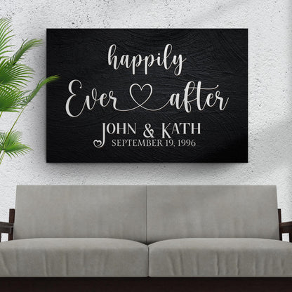 Happily Ever After canvas sign in black with white script John & Kath September 1996 Garden on Tampa Home & Garden Store