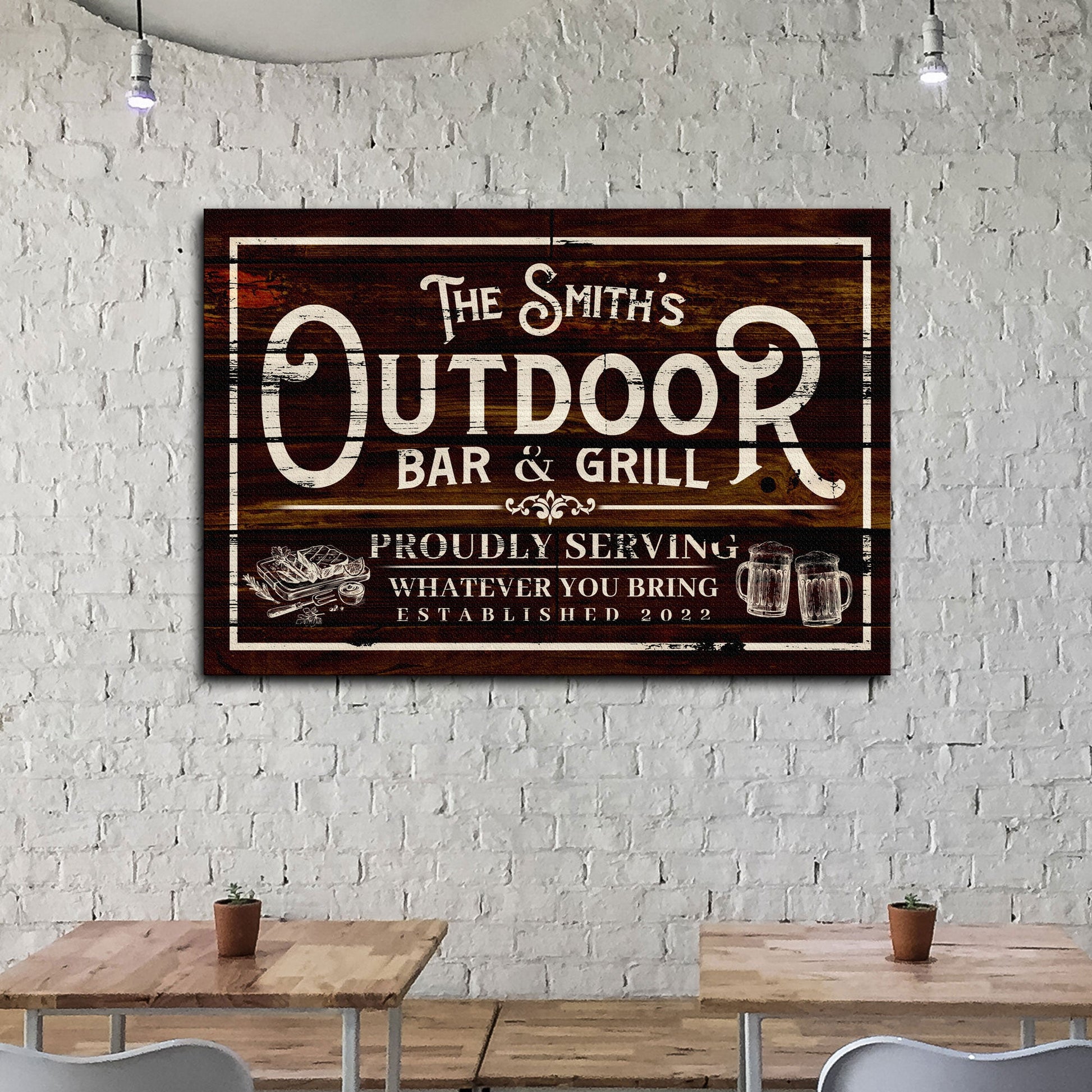 Family Outdoor Bar And Grill Sign II canvas print on dark wood with white vintage lettering by Tailored Canvases on Tampa Home & Garden Store