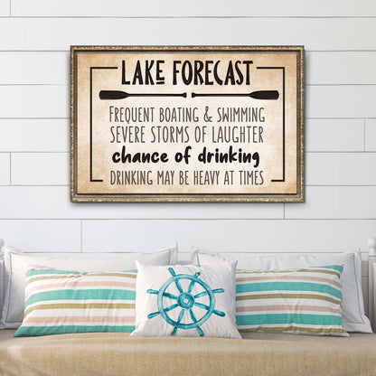 Lake Forecast canvas sign with rustic beige background and paddle graphic, framed border on wall on Tampa Home & Garden Store