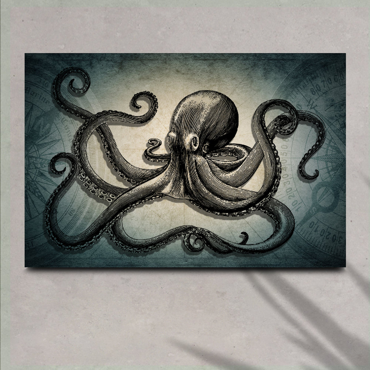 Octopus Coastal Canvas Wall Art by Tailored Canvases, blue-gray vintage ink octopus print on Tampa Home & Garden Store