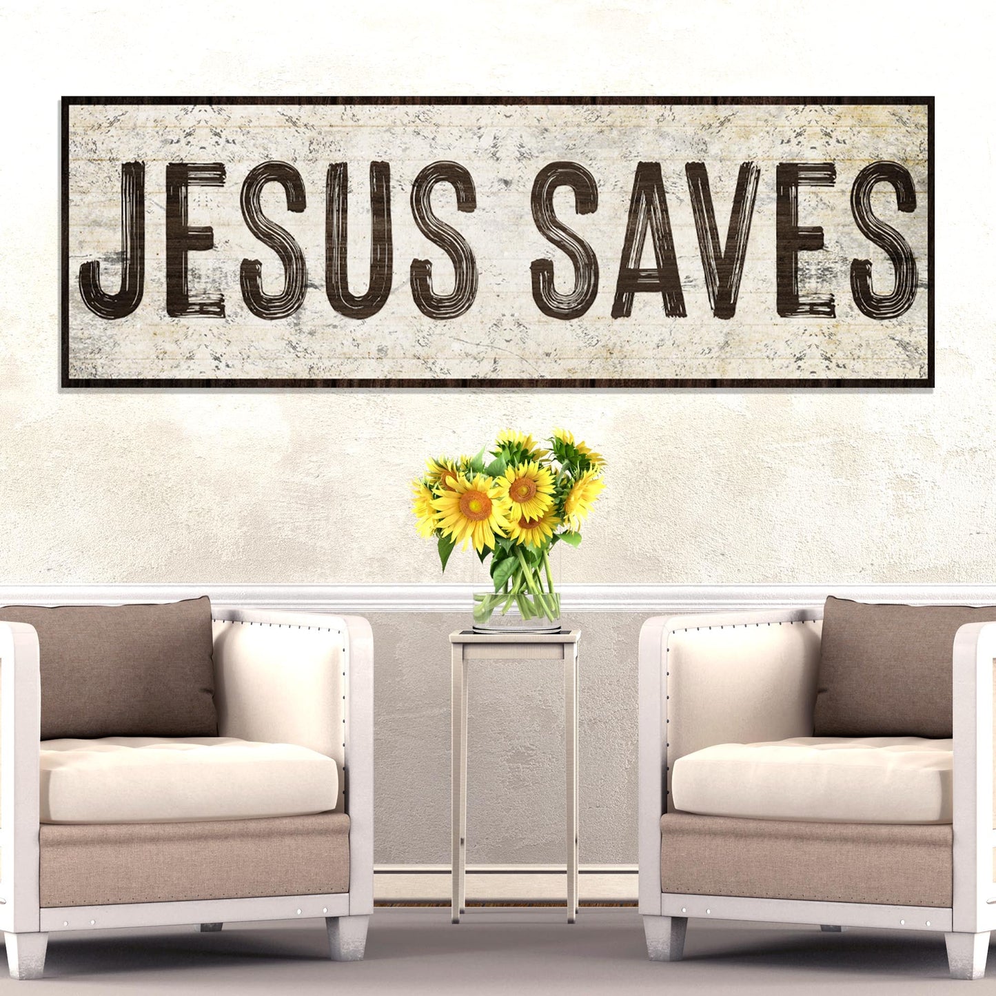 Jesus Saves Sign lll canvas by Tailored Canvases, rustic textured sign in a black frame on Tampa Home & Garden Store