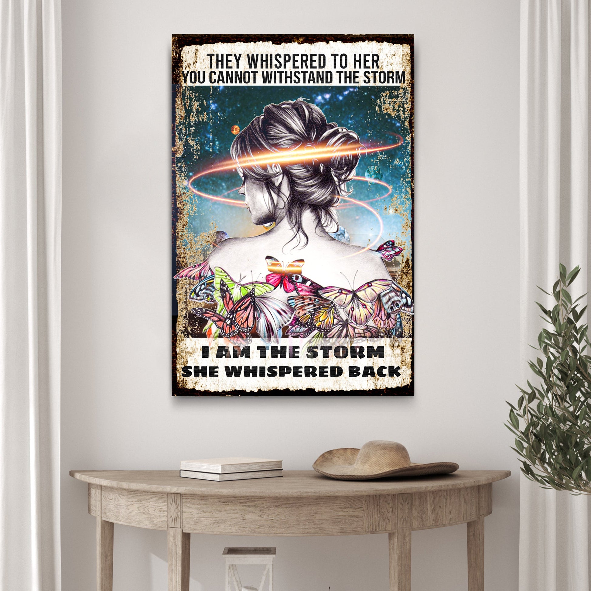 Canvas I Am The Storm Sign II by Tailored Canvases, distressed border, butterfly details on Tampa Home & Garden Store