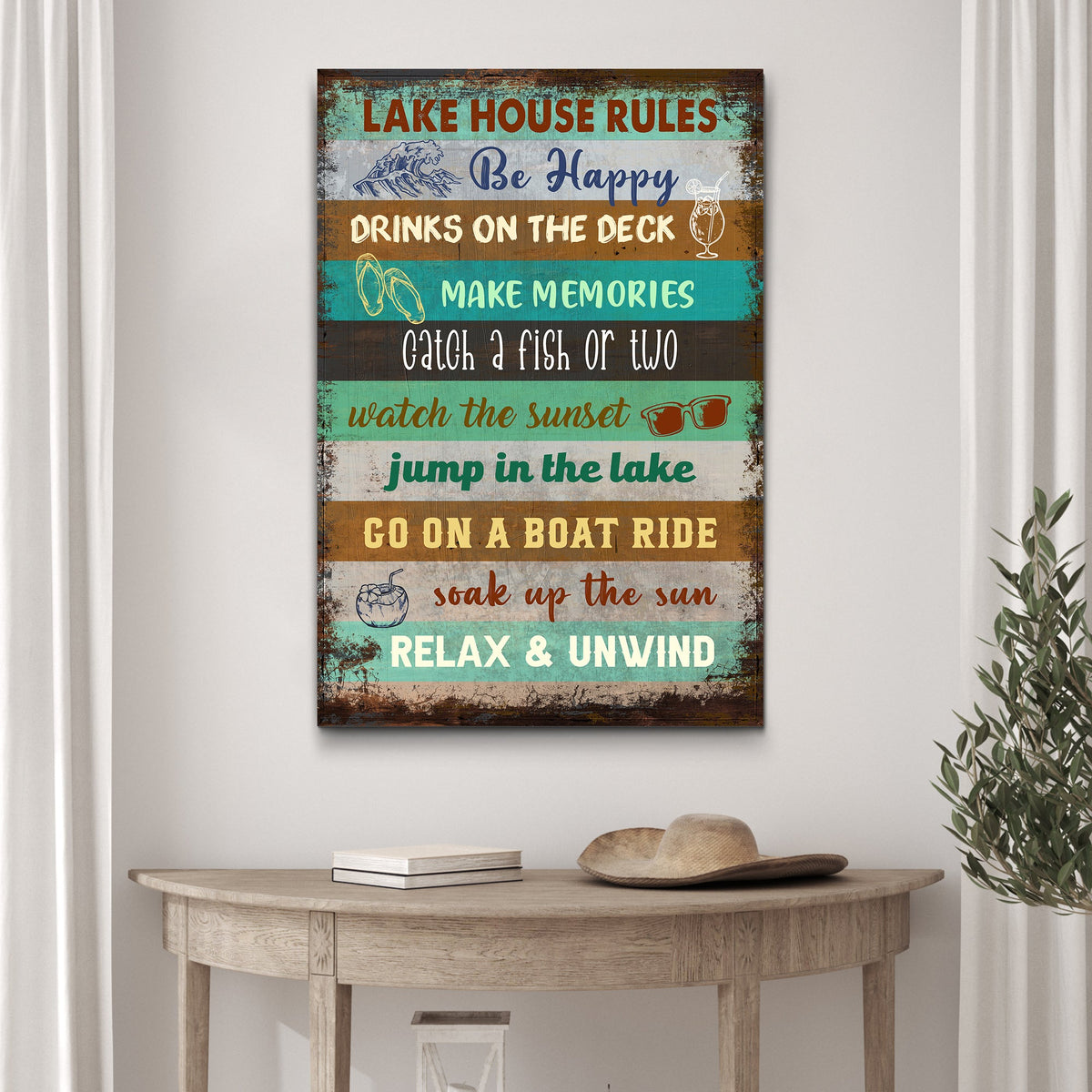 Lake House Rules Sign III canvas by Tailored Canvases in distressed multicolor stripes on Tampa Home & Garden Store