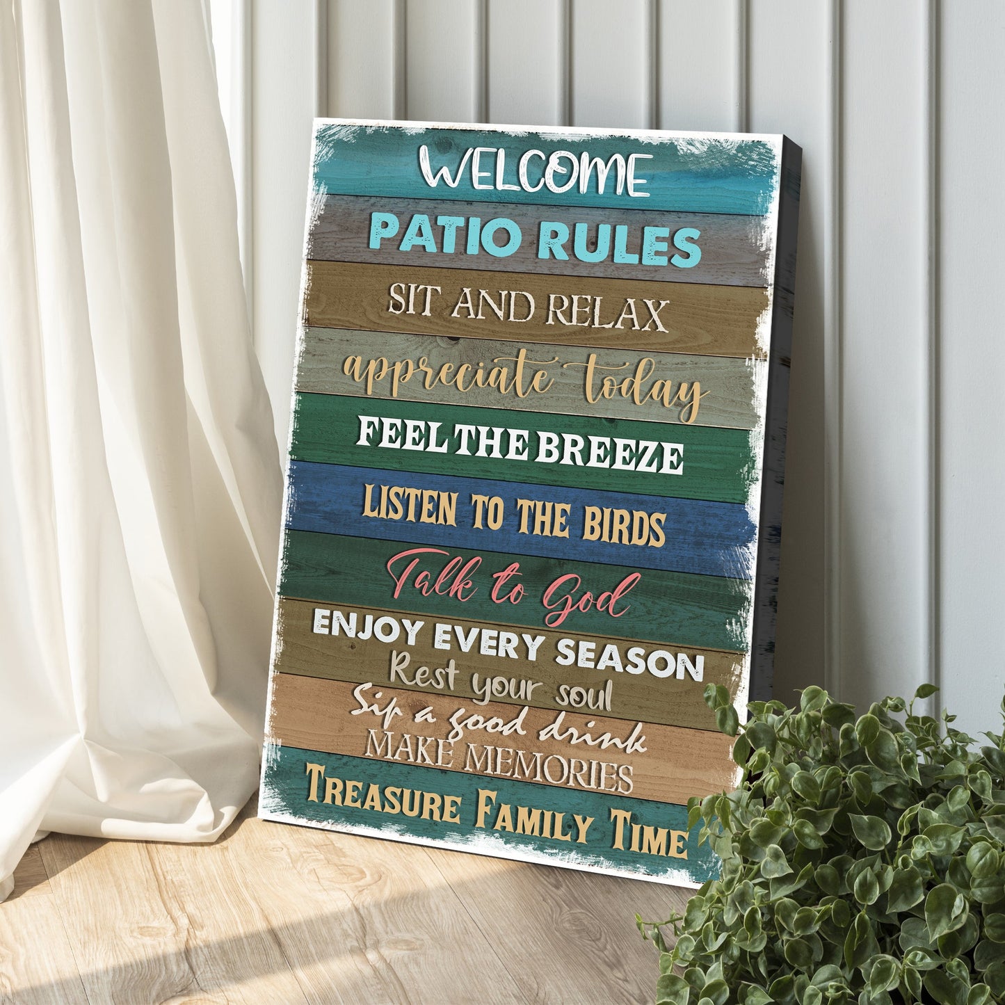 Patio Rules Sign canvas by Tailored Canvases with distressed multicolor wood planks on Tampa Home & Garden Store