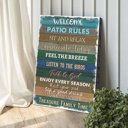 Patio Rules Sign canvas by Tailored Canvases with distressed multicolor wood planks on Tampa Home & Garden Store