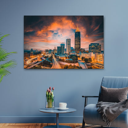 Atlanta City Night Skyline Canvas Wall Art by Tailored Canvases, vivid sunset cityscape on Tampa Home & Garden Store