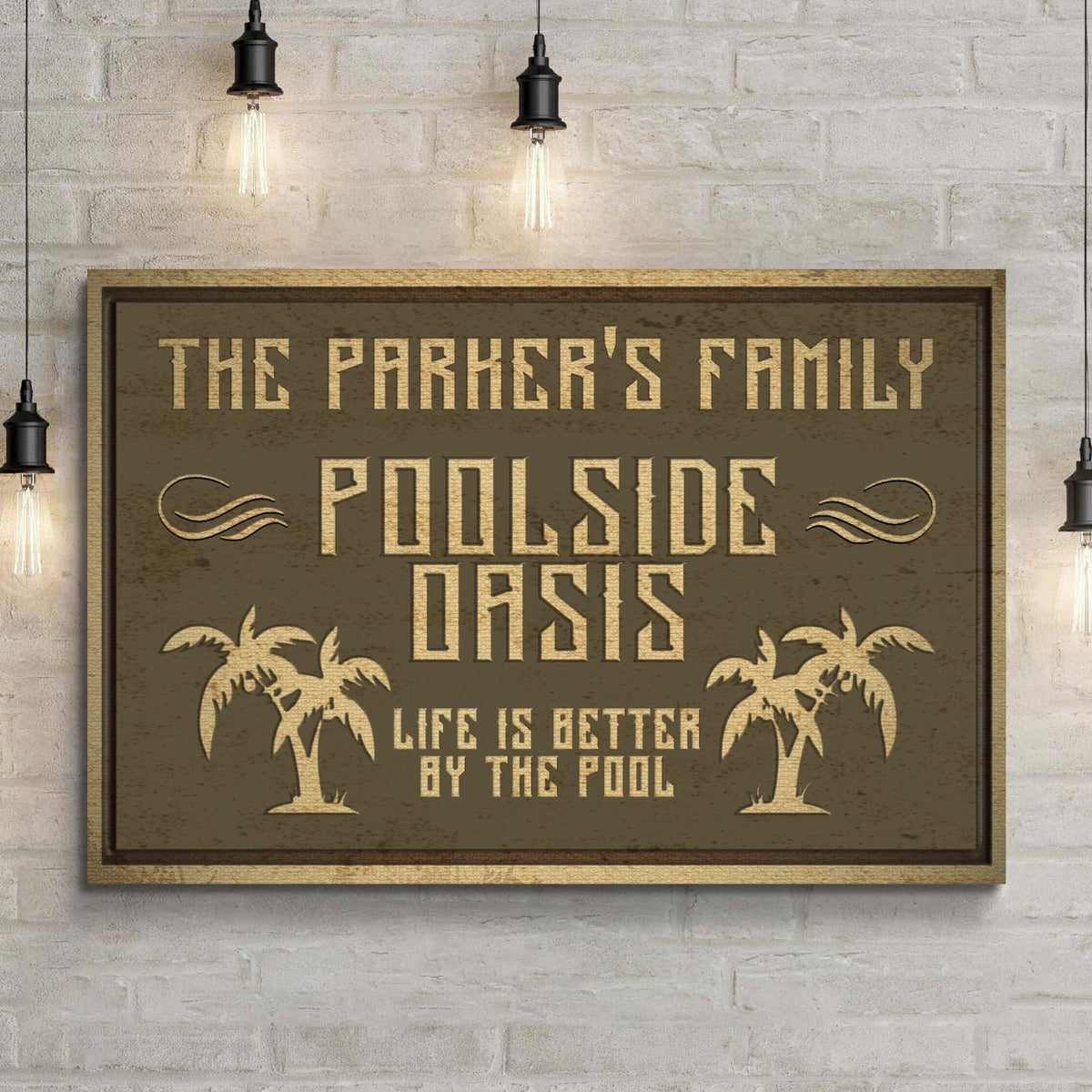 Family Swimming Pool Oasis Sign canvas brown-gold lettering palm motif Tailored Canvases on Tampa Home & Garden Store