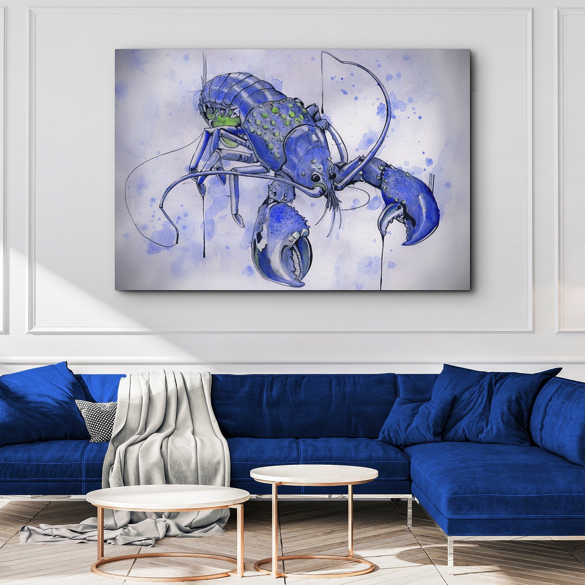 Lobster watercolor canvas wall art in blue hues by Tailored Canvases crafting canvas on Tampa Home & Garden Store