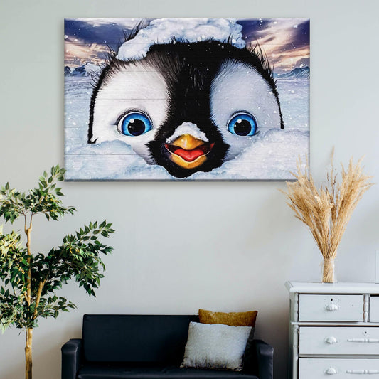 Penguin Peekaboo canvas wall art by Tailored Canvases, close-up penguin face in snowy blues on Tampa Home & Garden Store