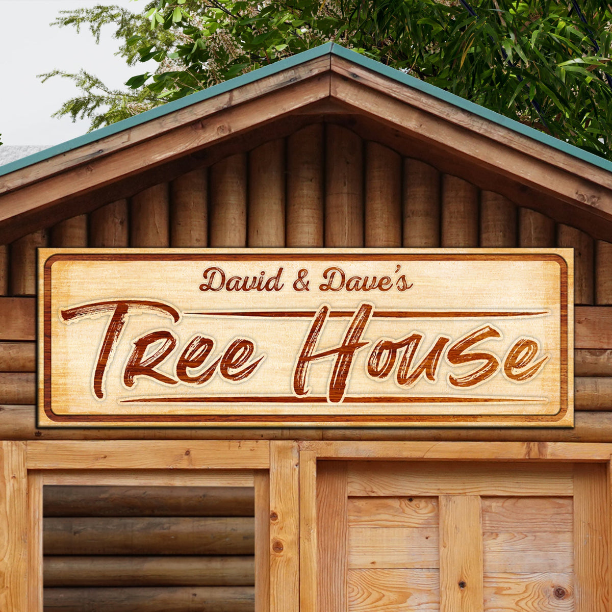 Treehouse Sign canvas wall art on rustic wood facade with David & Dave's Tree House text on Tampa Home & Garden Store