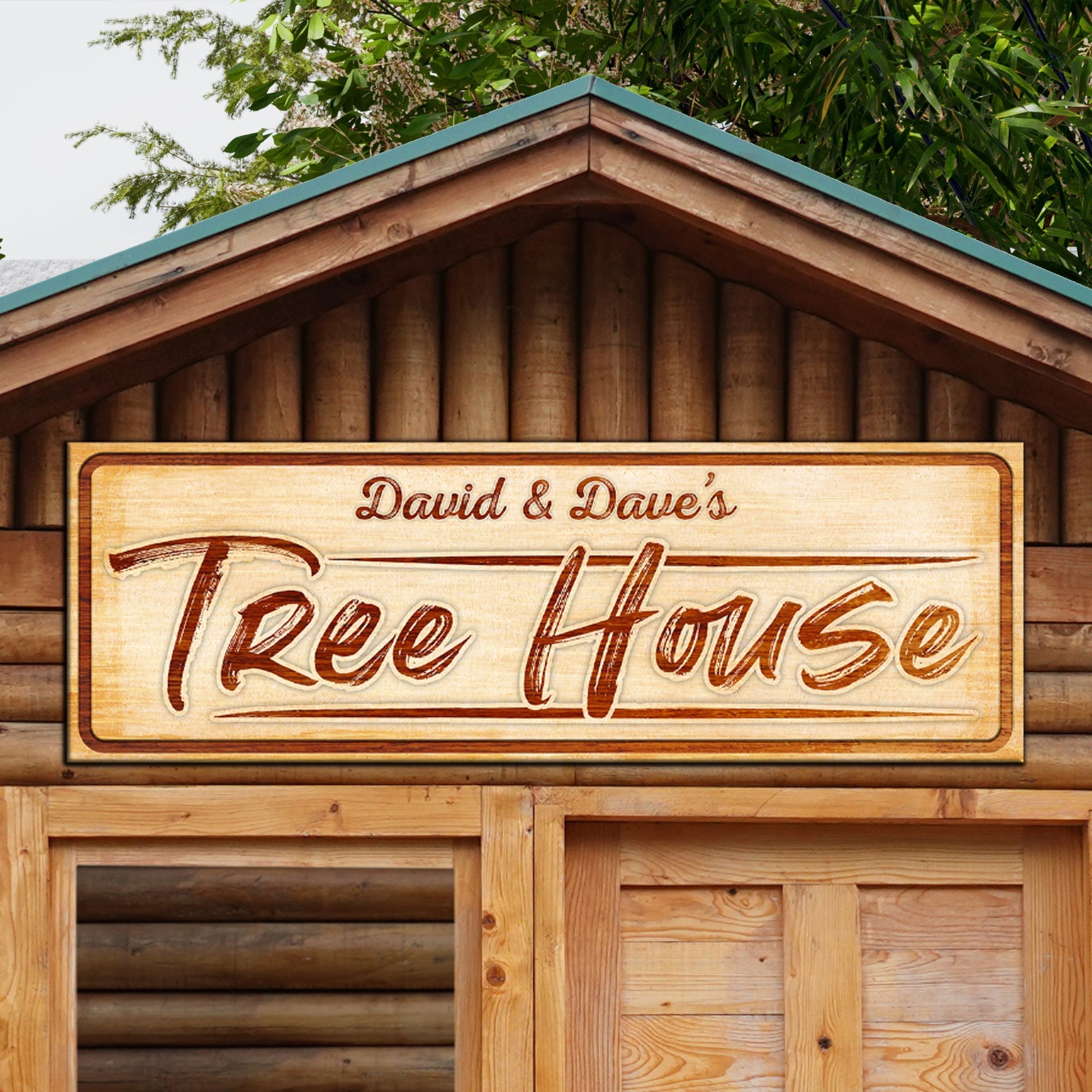 Treehouse Sign canvas wall art on rustic wood facade with David & Dave's Tree House text on Tampa Home & Garden Store