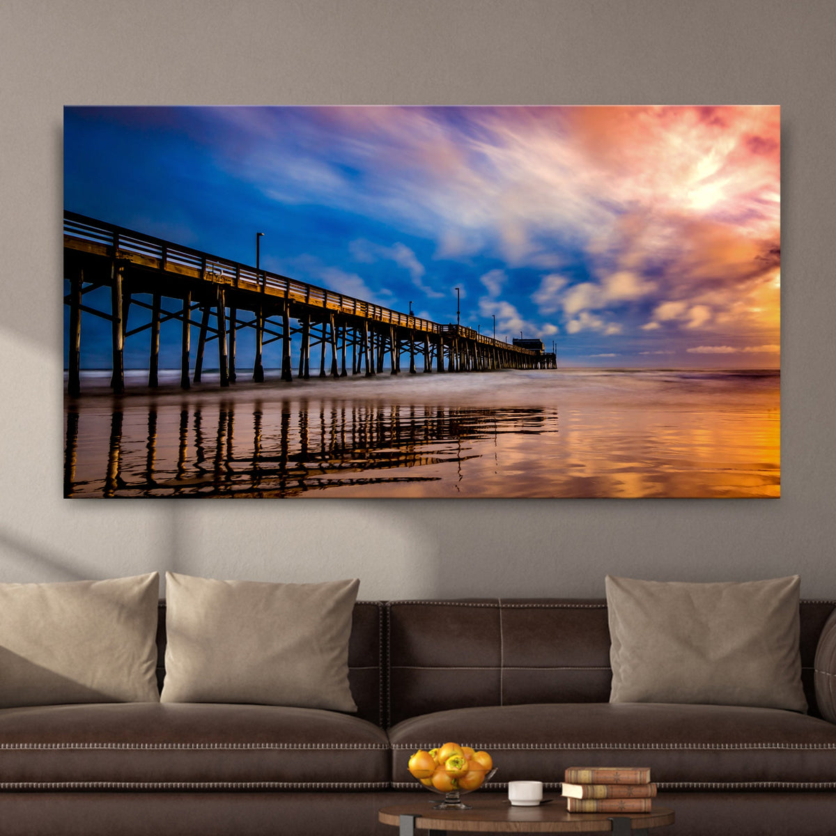 Beach Pier & Ocean Horizon Canvas Wall Art by Tailored Canvases, sunset sky over pier on Tampa Home & Garden Store