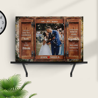 Canvas print Matthew 19:6 Sign II by Tailored Canvases with wooden gate frame wedding photo on Tampa Home & Garden Store