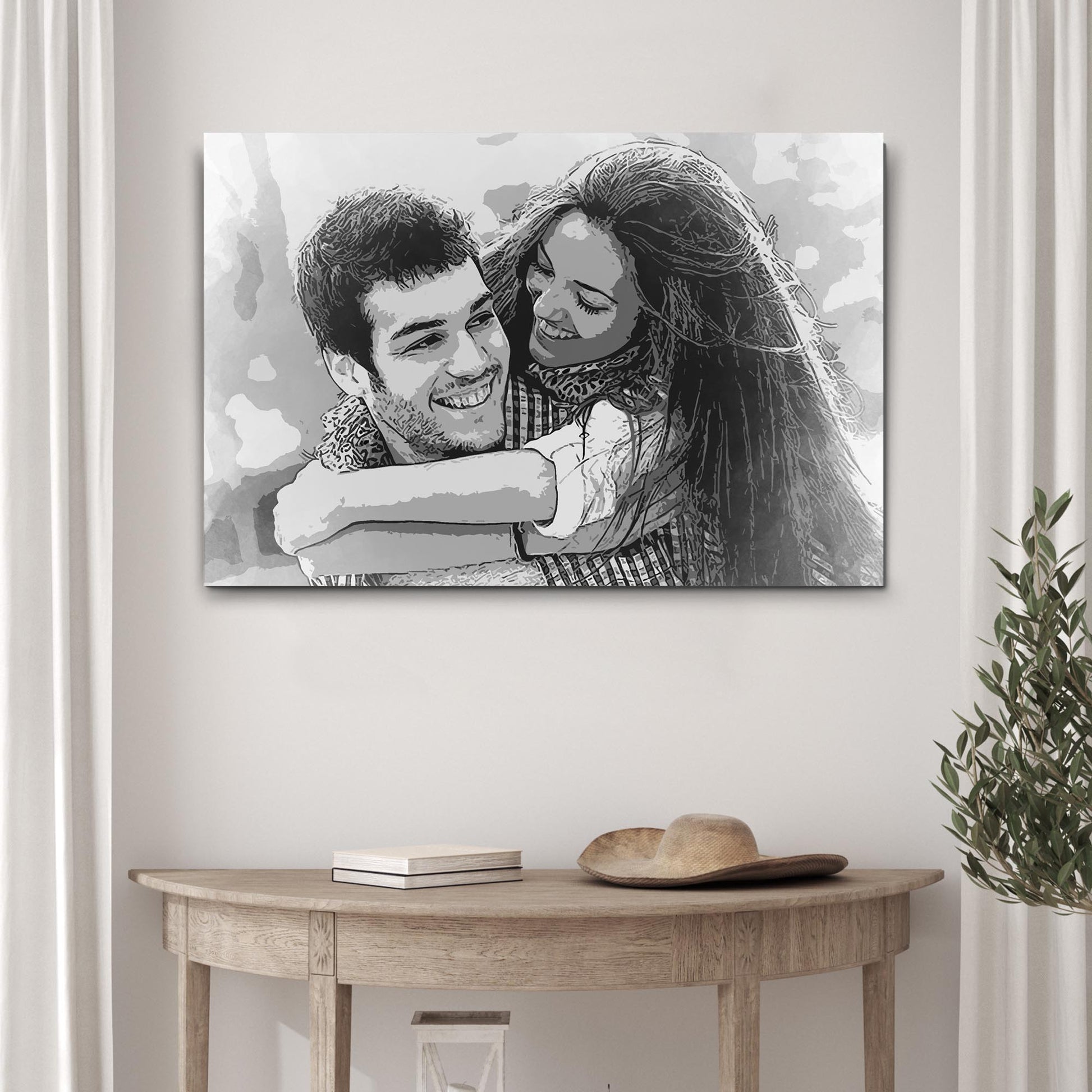 Couple Charcoal Portrait Sign canvas, grayscale couple hugging artwork on crafting canvas on Tampa Home & Garden Store