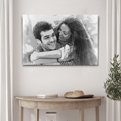 Couple Charcoal Portrait Sign canvas, grayscale couple hugging artwork on crafting canvas on Tampa Home & Garden Store
