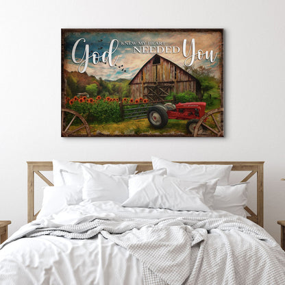 Canvas sign God Knew My Heart Needed You by Tailored Canvases, barn scene with tractor on Tampa Home & Garden Store