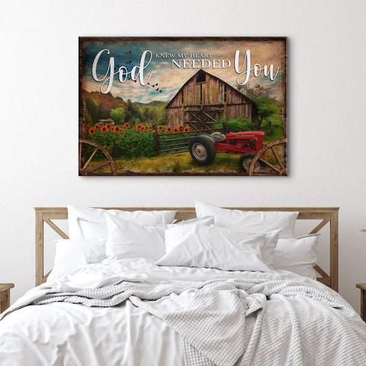 Canvas sign God Knew My Heart Needed You by Tailored Canvases, barn scene with tractor on Tampa Home & Garden Store