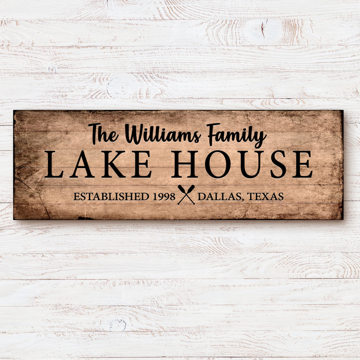 Family Lake House Sign VI canvas on rustic wood plaque with The Williams Family Lake House text on Tampa Home & Garden Store