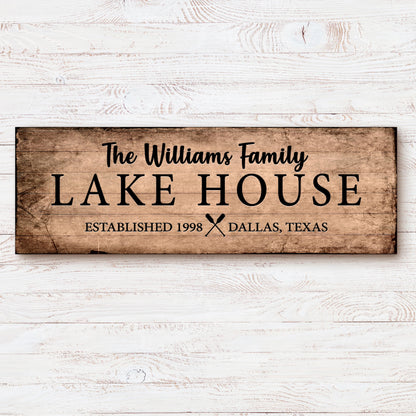 Family Lake House Sign VI canvas on rustic wood plaque with The Williams Family Lake House text on Tampa Home & Garden Store