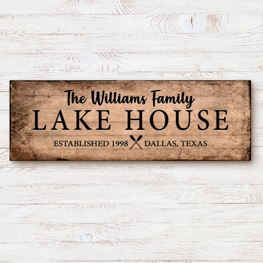 Family Lake House Sign VI canvas on rustic wood plaque with The Williams Family Lake House text on Tampa Home & Garden Store
