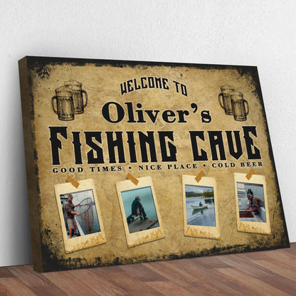 Welcome Fishing Cave Sign canvas by Tailored Canvases, vintage fishing motif with beer mugs on Tampa Home & Garden Store