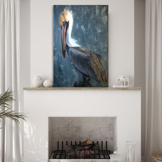 Pelican Painting The Fish Catcher canvas by Tailored Canvases, pelican on blue backdrop on Tampa Home & Garden Store