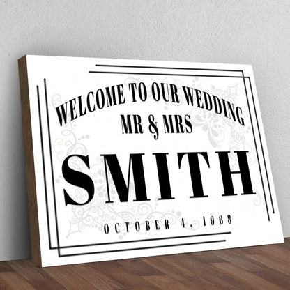Canvas sign Welcome To Our Wedding III Tailored Canvases white with black text on Tampa Home & Garden Store