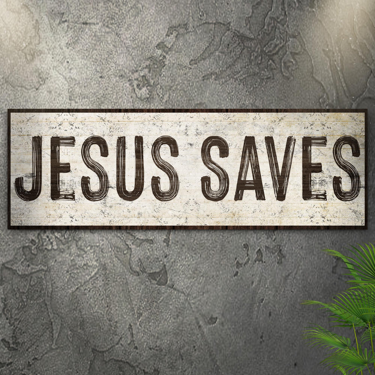 Jesus Saves sign canvas with rustic distressed wood panel and bold lettering JESUS SAVES on Tampa Home & Garden Store