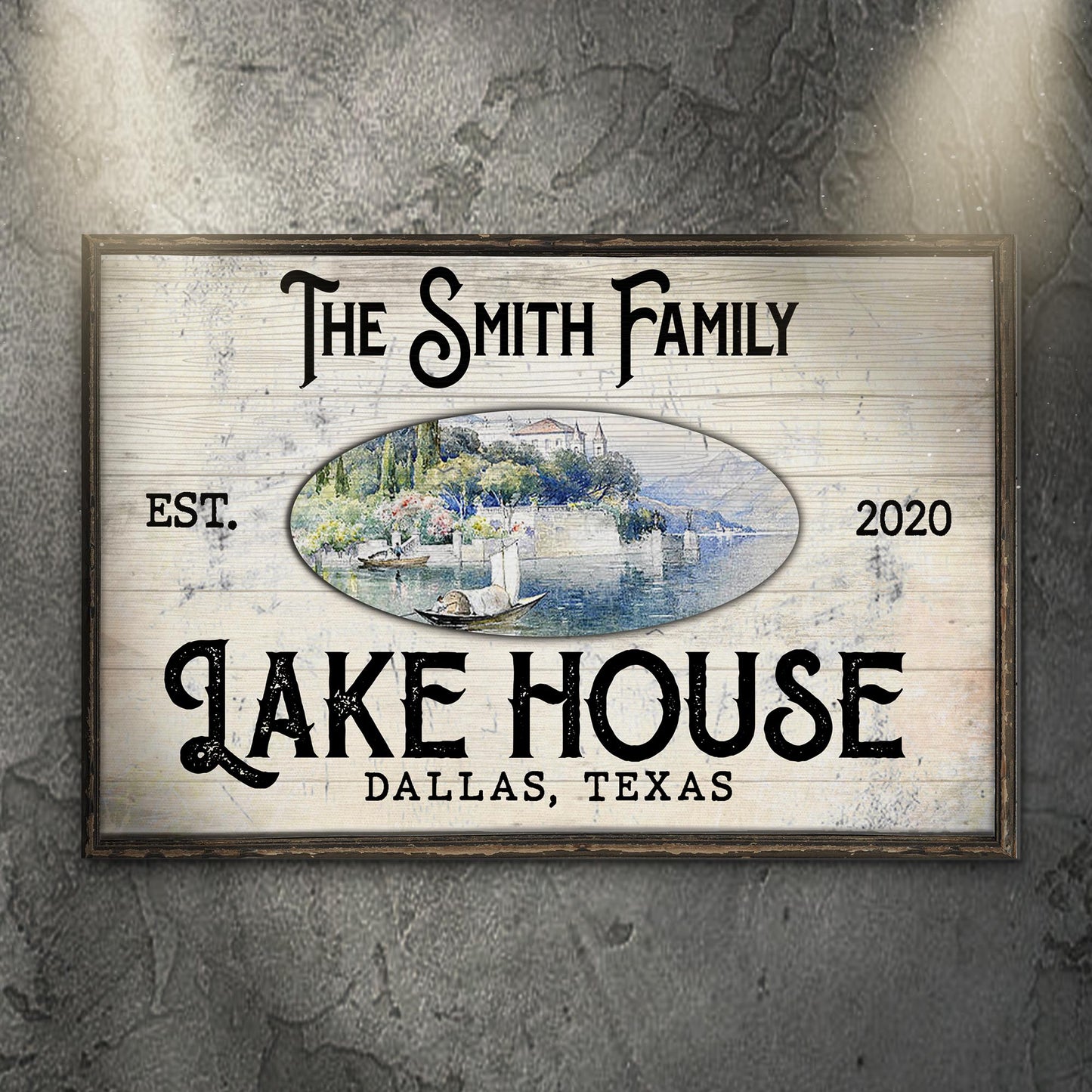 Family Lake House View Sign canvas by Tailored Canvases with rustic wood frame and lake scene on Tampa Home & Garden Store