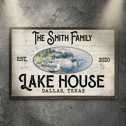 Family Lake House View Sign canvas by Tailored Canvases with rustic wood frame and lake scene on Tampa Home & Garden Store